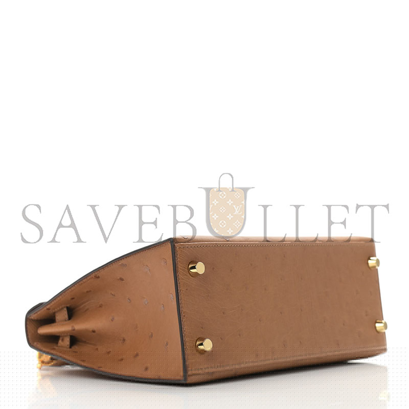 HERMÈS MASTER KELLY 25 OSTRICH LEATHER VELVET GREEN AND ROYAL BLUE BRUSHED GOLD BUCKLE (25*17*7cm)